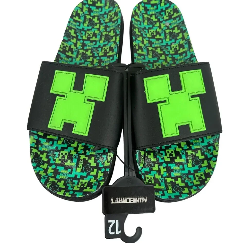 Minecraft Gamer Adult Comfort Green Black Slides Size M12 New With Tags